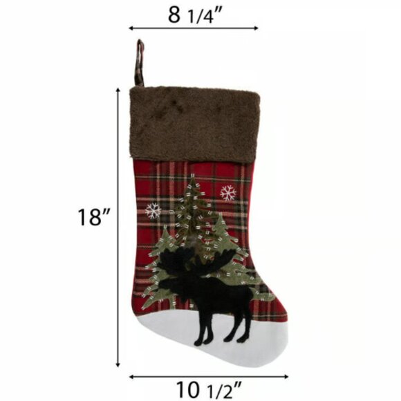 Plaid Moose Stocking With Faux Fur Stocking Christmas Fireplace Mantel Decor - Picture 2 of 3